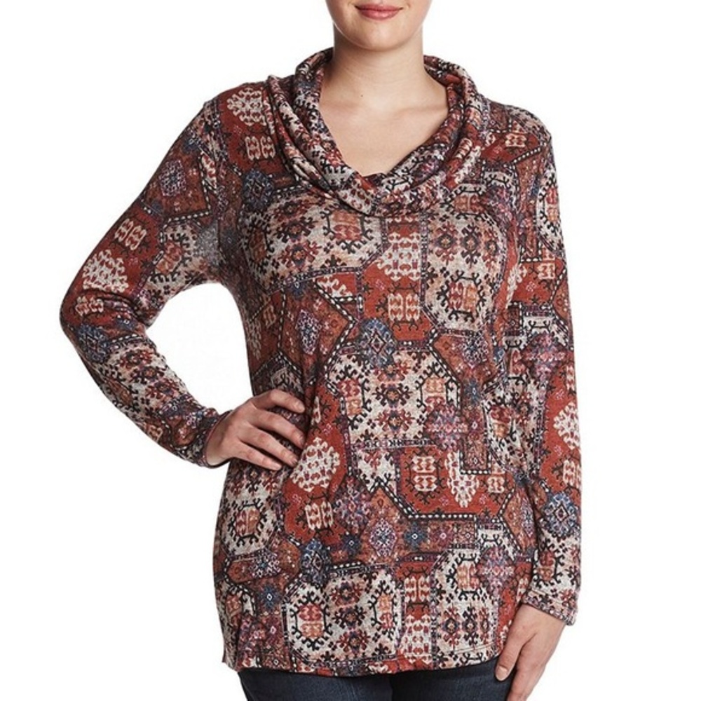 Living Doll Orange, Beige, Blue Hacci Cowlneck Top